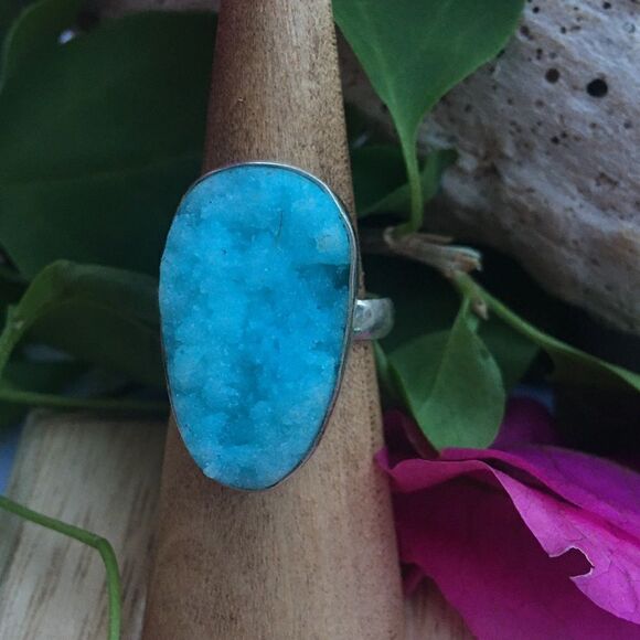 Hemimorohite blue druzy sterling silver ring - Picture 4 of 5